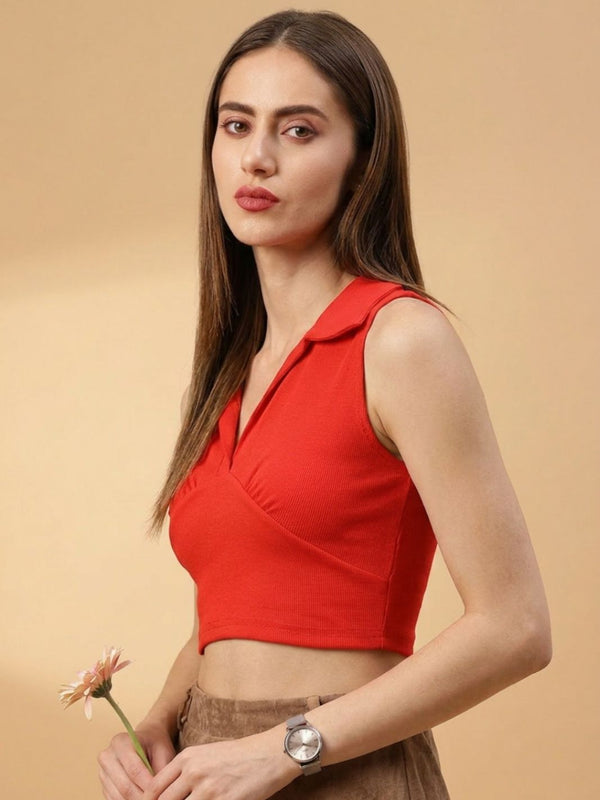 Red ribbed v-neck collar sleeveless crop top