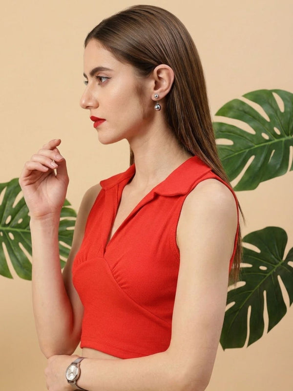 Red ribbed v-neck collar sleeveless crop top