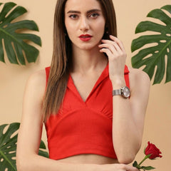 Red ribbed v-neck collar sleeveless crop top