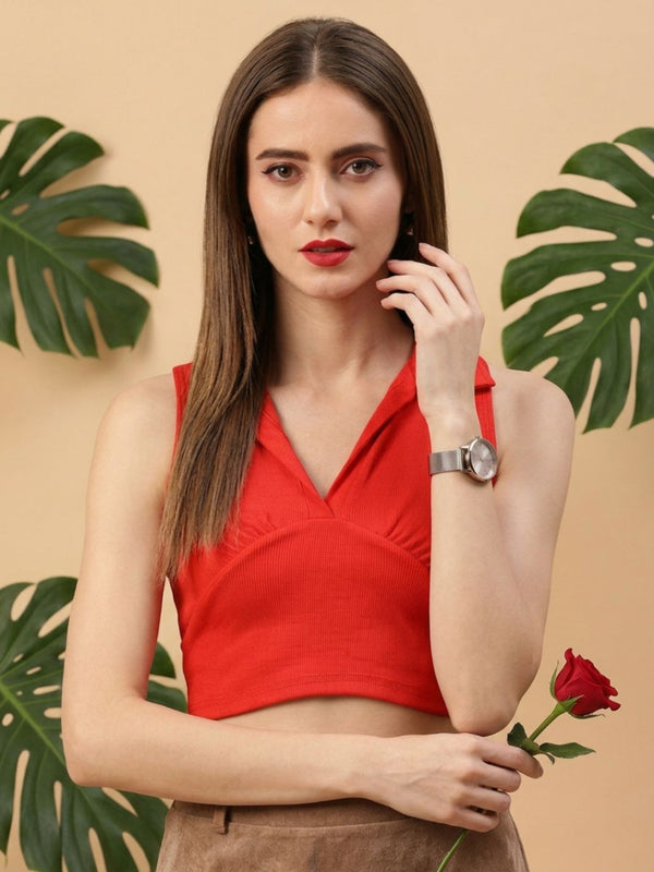 Red ribbed v-neck collar sleeveless crop top