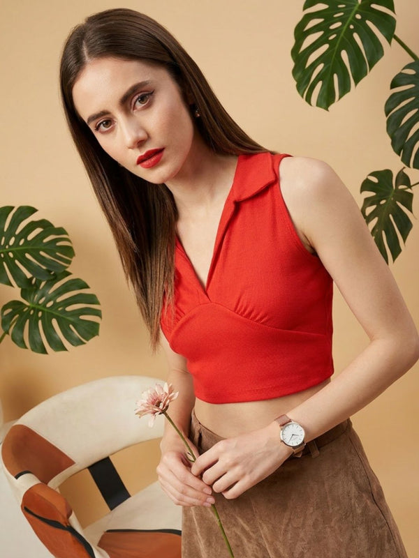 Red ribbed v-neck collar sleeveless crop top