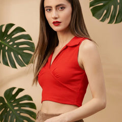 Red ribbed v-neck collar sleeveless crop top