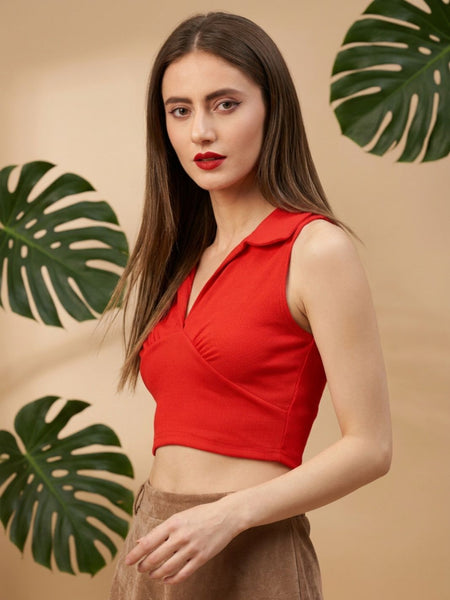 Red ribbed v-neck collar sleeveless crop top