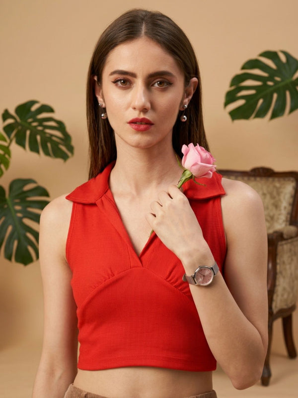 Red ribbed v-neck collar sleeveless crop top