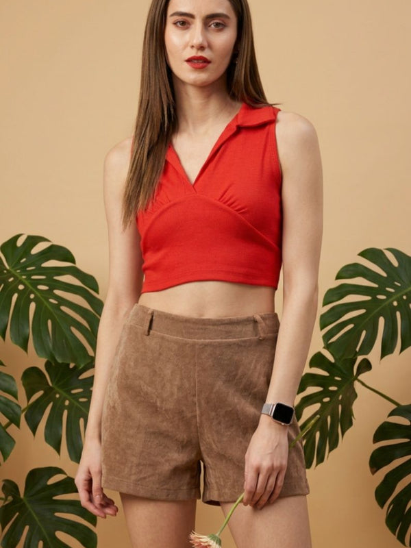 Red ribbed v-neck collar sleeveless crop top