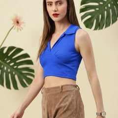 Royal Blue ribbed v-neck collar sleeveless crop top