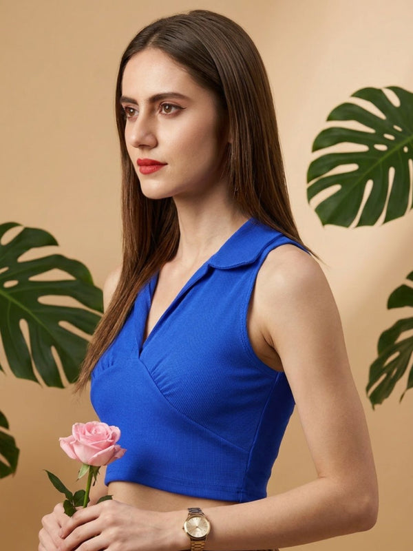 Royal Blue ribbed v-neck collar sleeveless crop top
