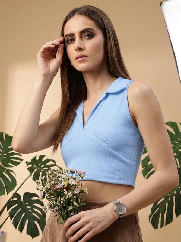 Sky Blue ribbed v-neck collar sleeveless crop top