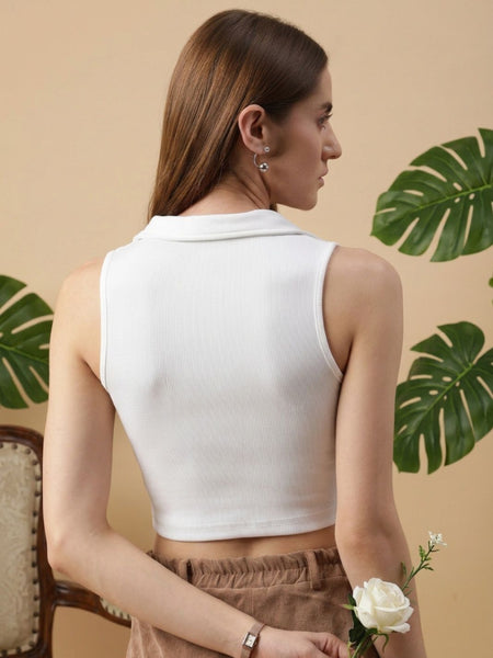 White ribbed v-neck collar sleeveless crop top