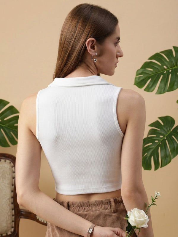 White ribbed v-neck collar sleeveless crop top