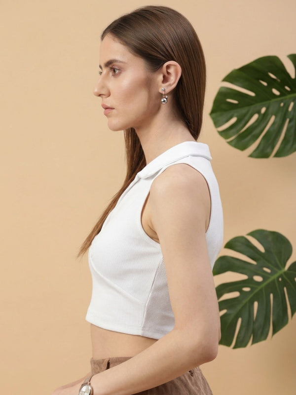 White ribbed v-neck collar sleeveless crop top