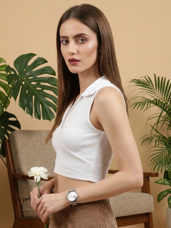 White ribbed v-neck collar sleeveless crop top