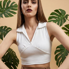 White ribbed v-neck collar sleeveless crop top