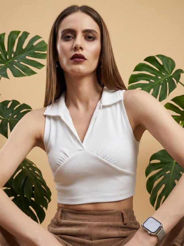 White ribbed v-neck collar sleeveless crop top