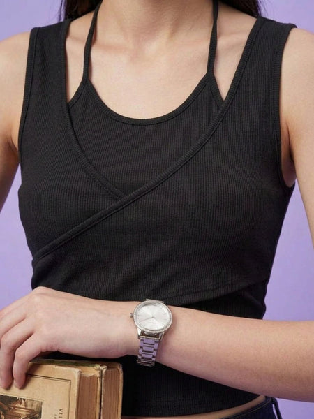 Black ribbed halter neck double layer crop top