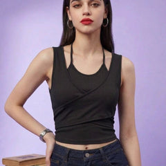 Black ribbed halter neck double layer crop top