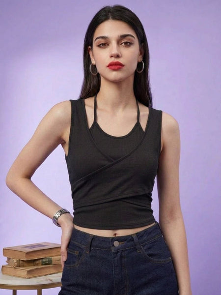 Black ribbed halter neck double layer crop top