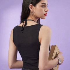 Black ribbed halter neck double layer crop top