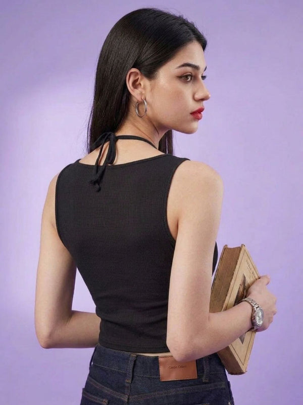 Black ribbed halter neck double layer crop top