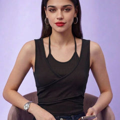 Black ribbed halter neck double layer crop top