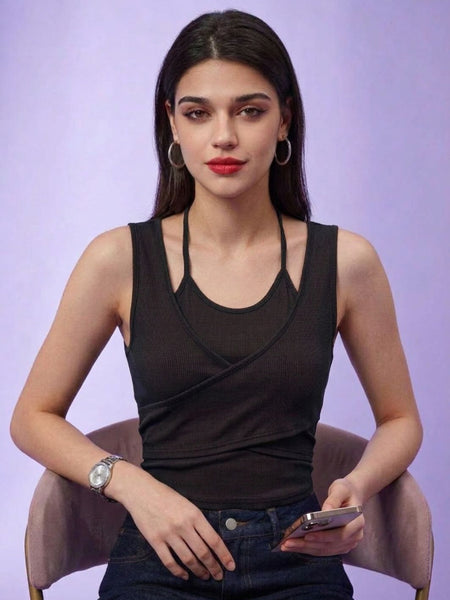 Black ribbed halter neck double layer crop top