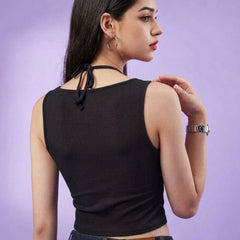 Black ribbed halter neck double layer crop top