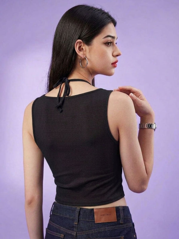 Black ribbed halter neck double layer crop top