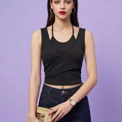 Black ribbed halter neck double layer crop top