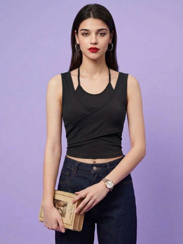 Black ribbed halter neck double layer crop top