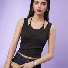 Black ribbed halter neck double layer crop top