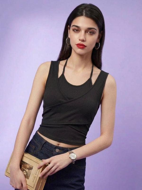 Black ribbed halter neck double layer crop top