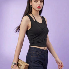 Black ribbed halter neck double layer crop top