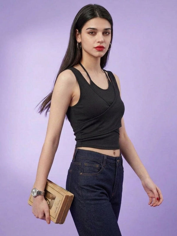 Black ribbed halter neck double layer crop top