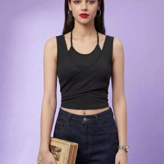 Black ribbed halter neck double layer crop top