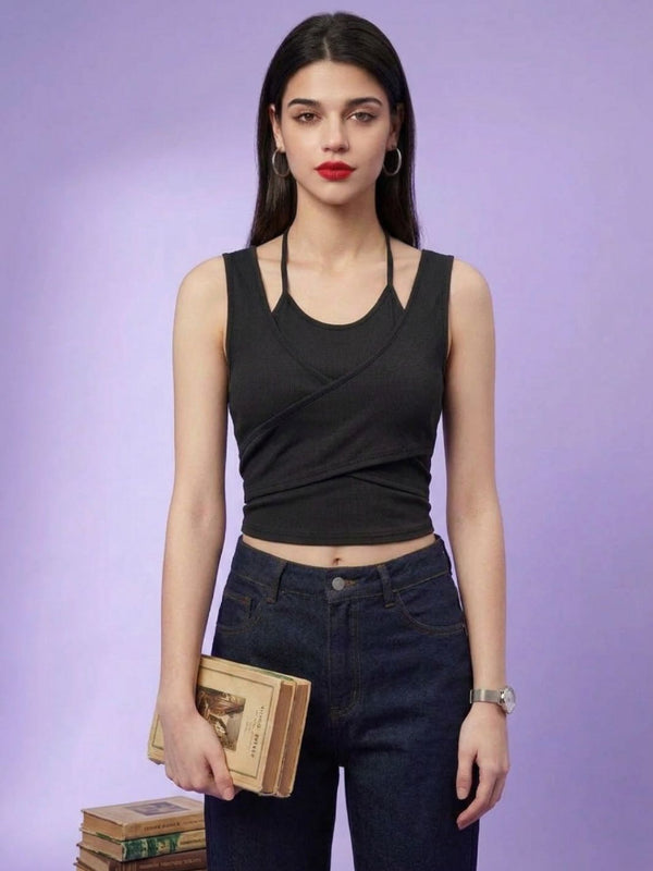 Black ribbed halter neck double layer crop top