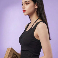 Black ribbed halter neck double layer crop top