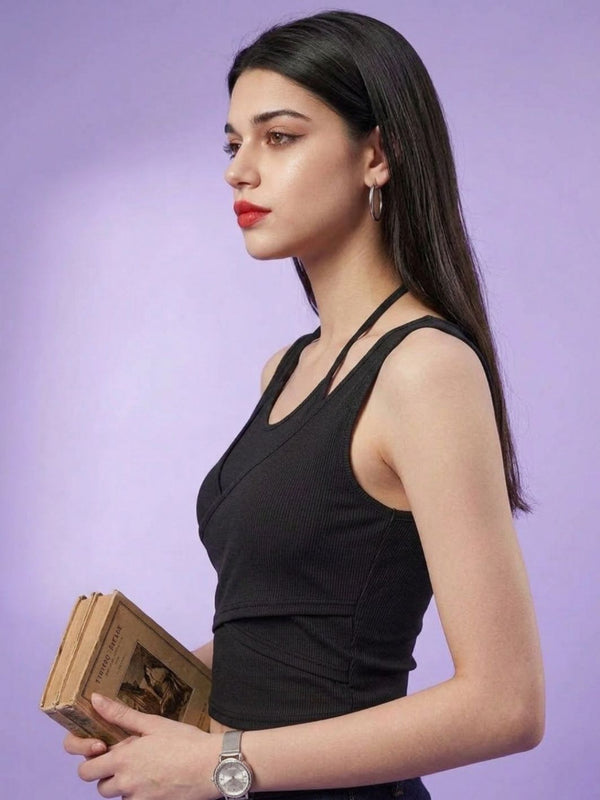 Black ribbed halter neck double layer crop top