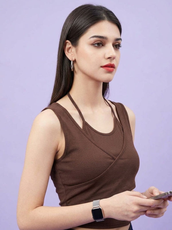 Brown ribbed halter neck double layer crop top