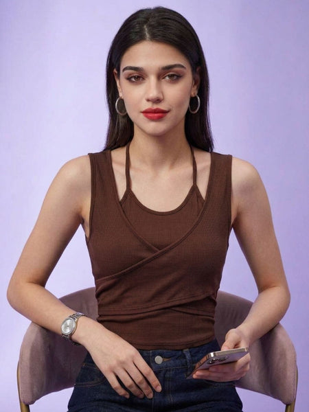 Brown ribbed halter neck double layer crop top