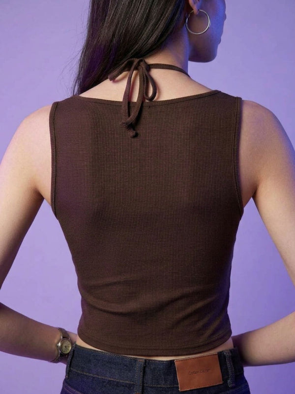 Brown ribbed halter neck double layer crop top