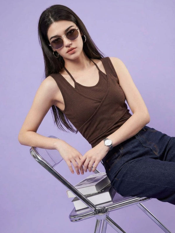 Brown ribbed halter neck double layer crop top