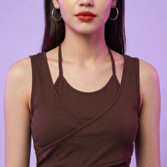 Brown ribbed halter neck double layer crop top