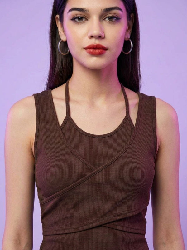 Brown ribbed halter neck double layer crop top