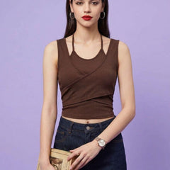 Brown ribbed halter neck double layer crop top