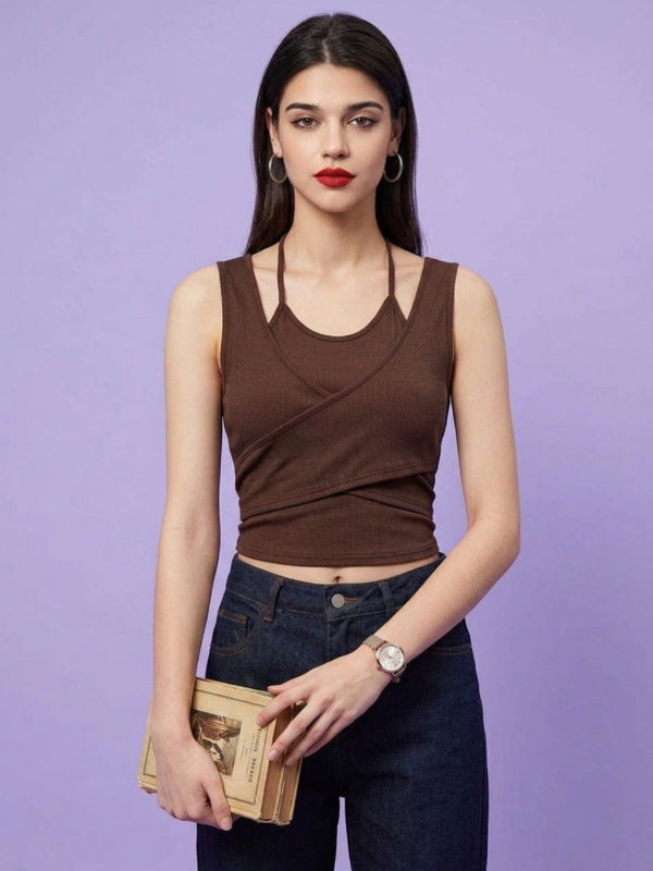 Brown ribbed halter neck double layer crop top