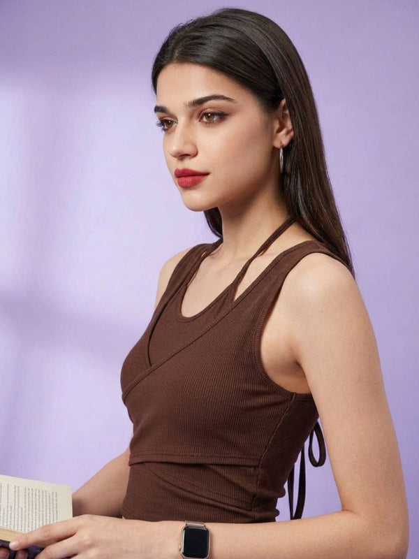 Brown ribbed halter neck double layer crop top