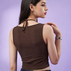 Brown ribbed halter neck double layer crop top