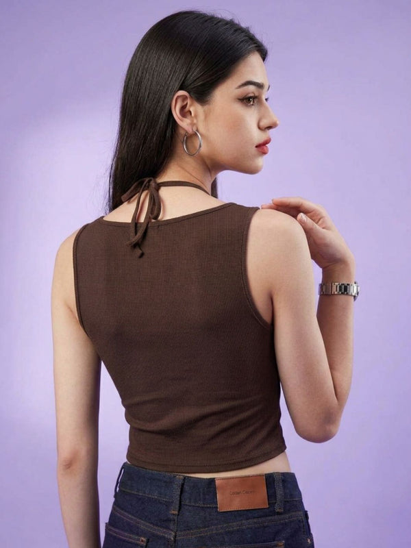 Brown ribbed halter neck double layer crop top