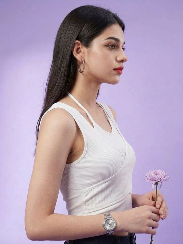 White ribbed halter neck double layer crop top