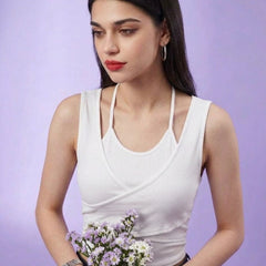 White ribbed halter neck double layer crop top